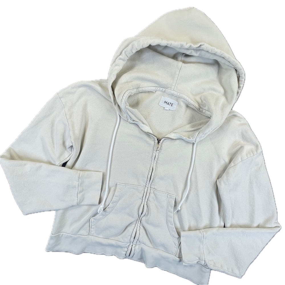 MATE the Label Organic Cotton Fleece Zip Front Hoodie XS Bone White Sustainable